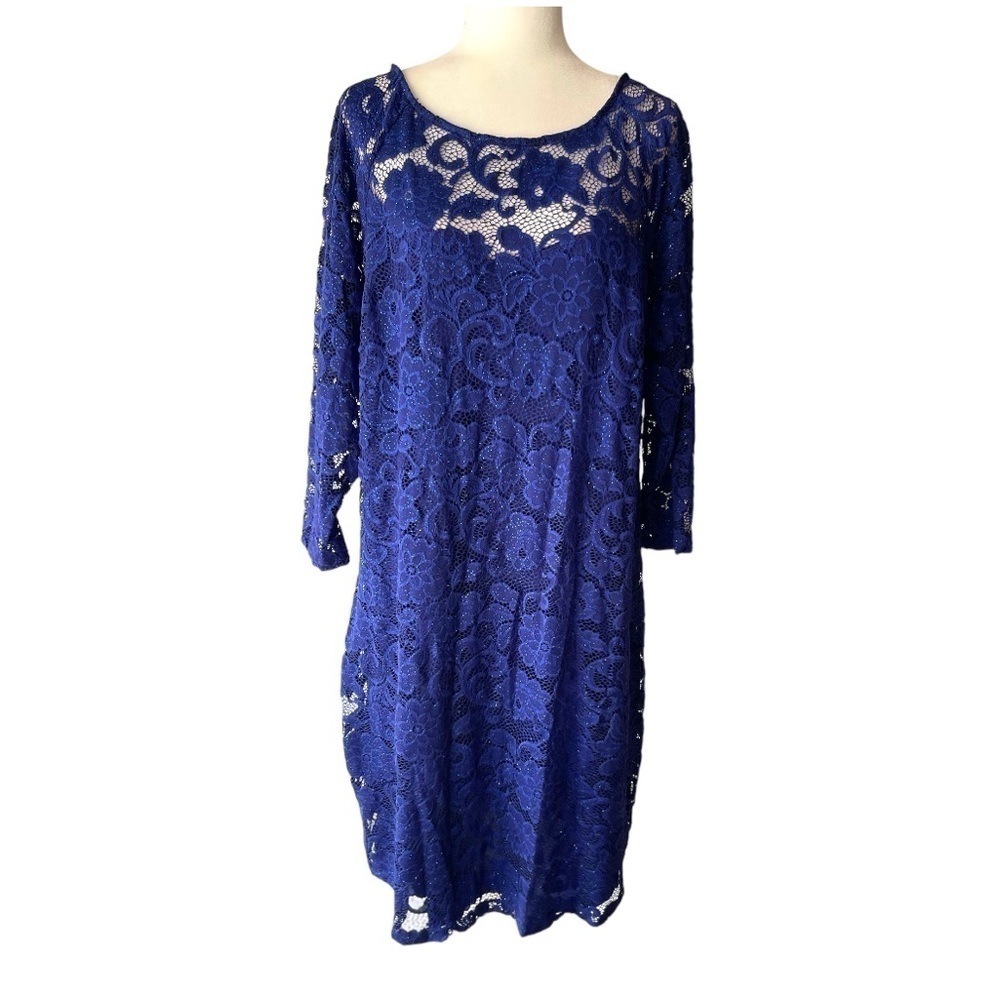 Candalite Women's Plus Size Blue Formal Evening Lace Glitter Prom Dress, Sz 2X
